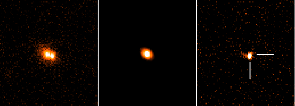 This image shows the supernova named Gaia14aaa as seen on 10 September 2014 with the robotic Liverpool Telescope on La Palma, in the Canary Islands, Spain. This is a Type Ia supernova – the explosion of a white dwarf locked in a binary system with a companion star – and it was discovered in the data collected with ESA’s Gaia satellite on 30 August. In the left panel, the image from the Liverpool Telescope shows both Gaia14aaa and its host galaxy, named SDSS J132102.26+453223.8, which is about 500 million light-years away. In this image, the supernova is slightly offset from the galaxy’s core. The central panel shows an image of the same galaxy, taken as part of the Sloan Digital Sky Survey, several years before the explosion of Gaia14aaa could be observed from Earth. The right panel was obtained by subtracting the second image, which contains the light emitted by the galaxy, from the first one, which depicts both the galaxy and the supernova. The difference between the two images clearly shows the appearance of Gaia14aaa. The image was taken using the i' filter, which corresponds to red and near-infrared wavelengths. Credit: M. Fraser/S. Hodgkin/L. Wyrzykowski/H. Campbell/N. Blagorodnova/Z. Kostrzewa-Rutkowska/Liverpool Telescope/SDSS 