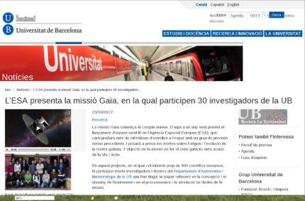 L’ESA presenta la missió Gaia, en la qual participen 30 investigadors de la UB (UB news, 23 Oct 2012)