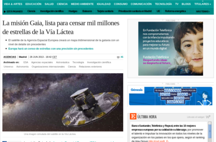 La misión Gaia, lista para censar mil millones de estrellas de la Vía Láctea (El País, 28 Jun 2013)