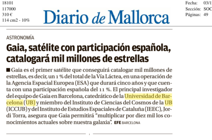 Gaia, satélite con participación española, catalogará mil millones de estrellas (Diario de Mallorca, 3 Dec 2013)