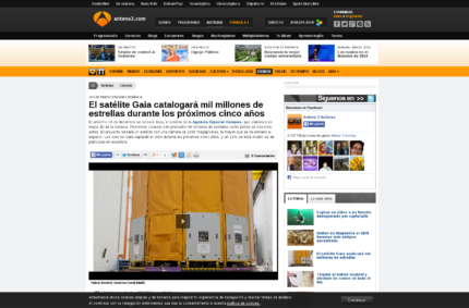 El satélite Gaia catalogará mil millones de estrellas durante los próximos cinco años (Antena 3, 3 Dec 2013)