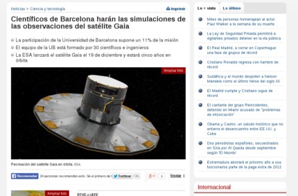 «Científicos de Barcelona harán las simulaciones de las observaciones del satélite Gaia» (RTVE, 2 Dec 2013)