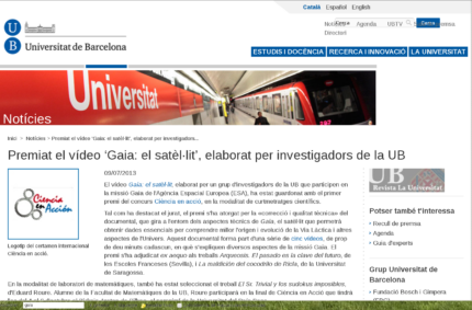 Premiat el vídeo ‘Gaia: el satèl·lit’, elaborat per investigadors de la UB (UB news, 09 Jul 2013)