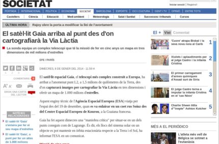 El satèl·lit Gaia arriba al punt des d’on cartografiarà la Via Làctia (El Periódico, 8 Jan 2014)