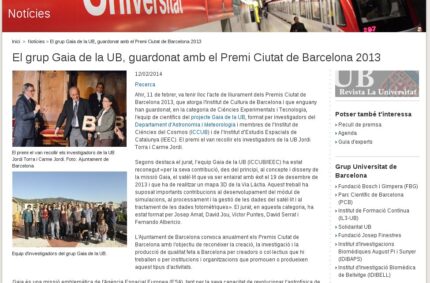 El grup Gaia de la UB, guardonat amb el Premi Ciutat de Barcelona 2013 (Universitat de Barcelona, 12 Feb 2014)