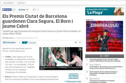 Els Premis Ciutat de Barcelona guardonen Clara Segura, El Born i Jaume Cabré (Ara, 4 Feb 2014)